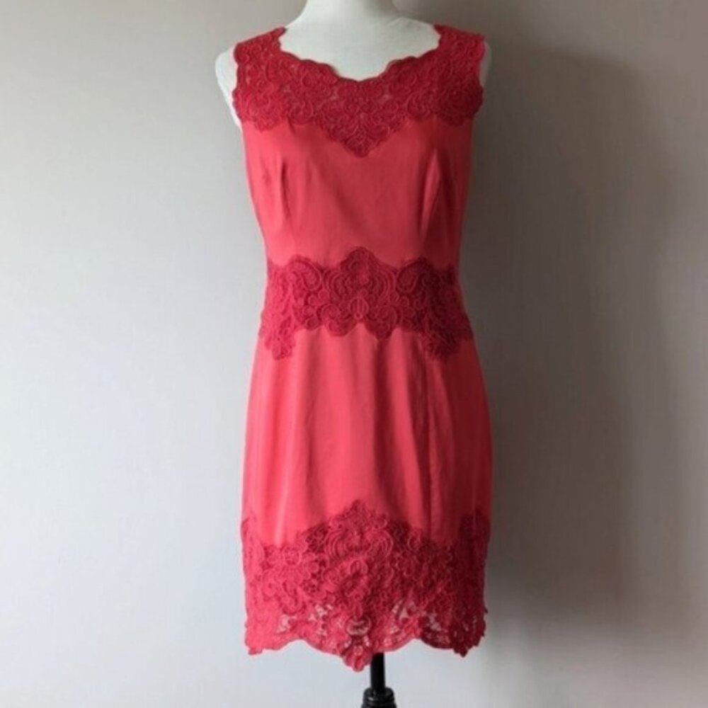 Karen Millen coral red lace trim sleeveless bodycon pencil dress